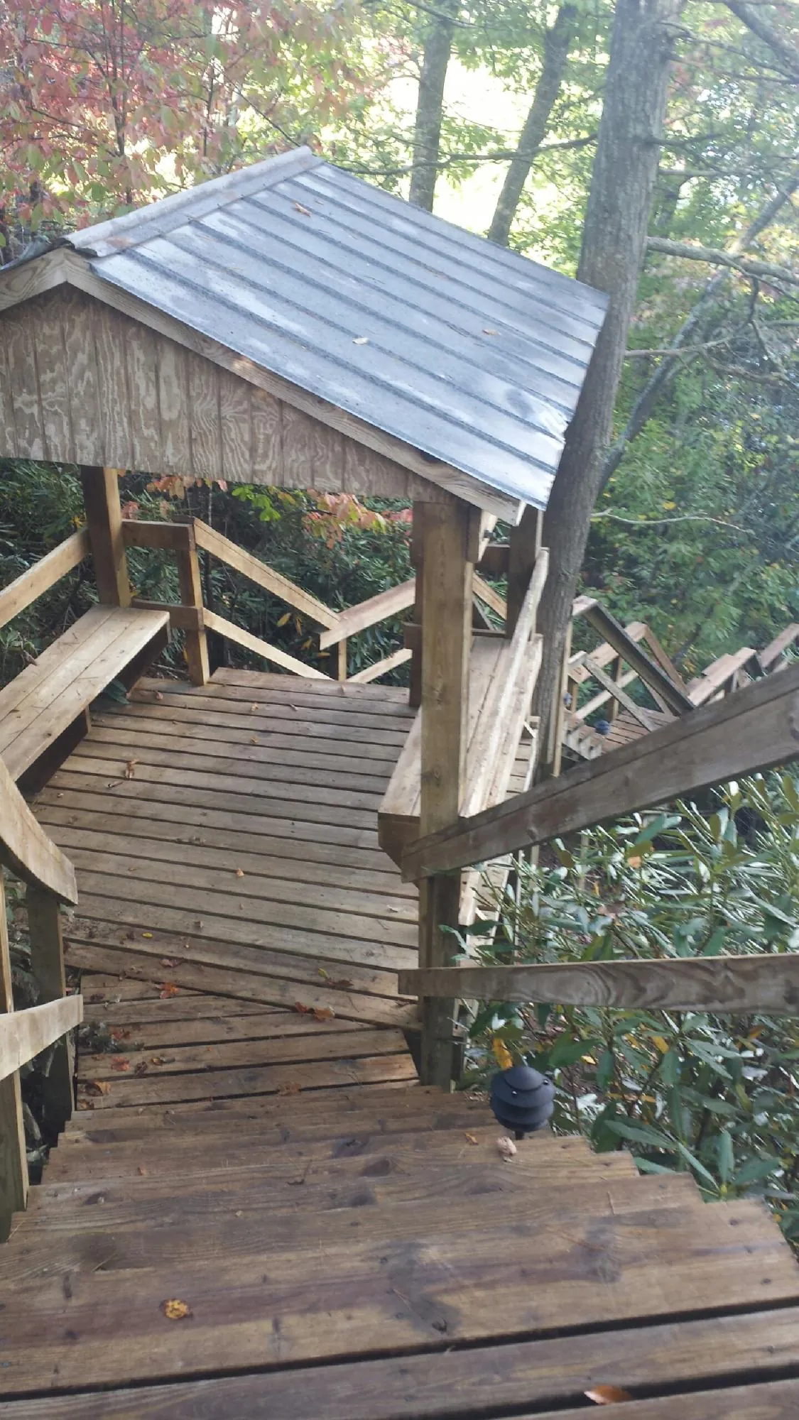 Metal roofed shelter over wooden steps on a wooded walkway — Skylight Repair & Installation work by our crew in Callaway